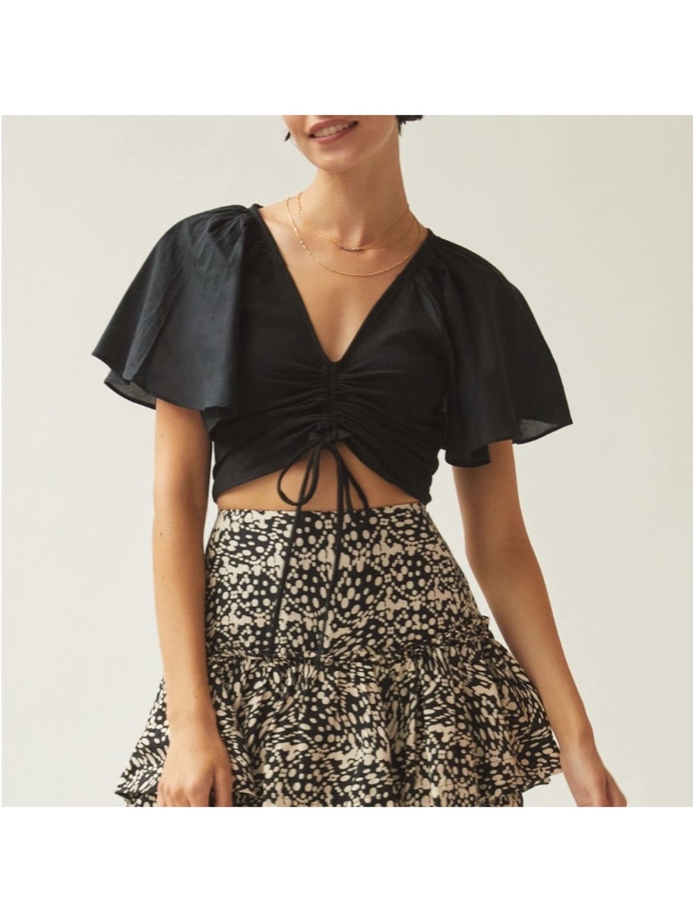 Anthropologie Maeve Cinched Flutter Sleeve Crop Top Black